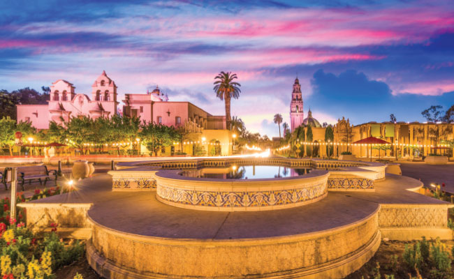 » Country Heritage Tours Fountain in Balboa Park in California at Sunset