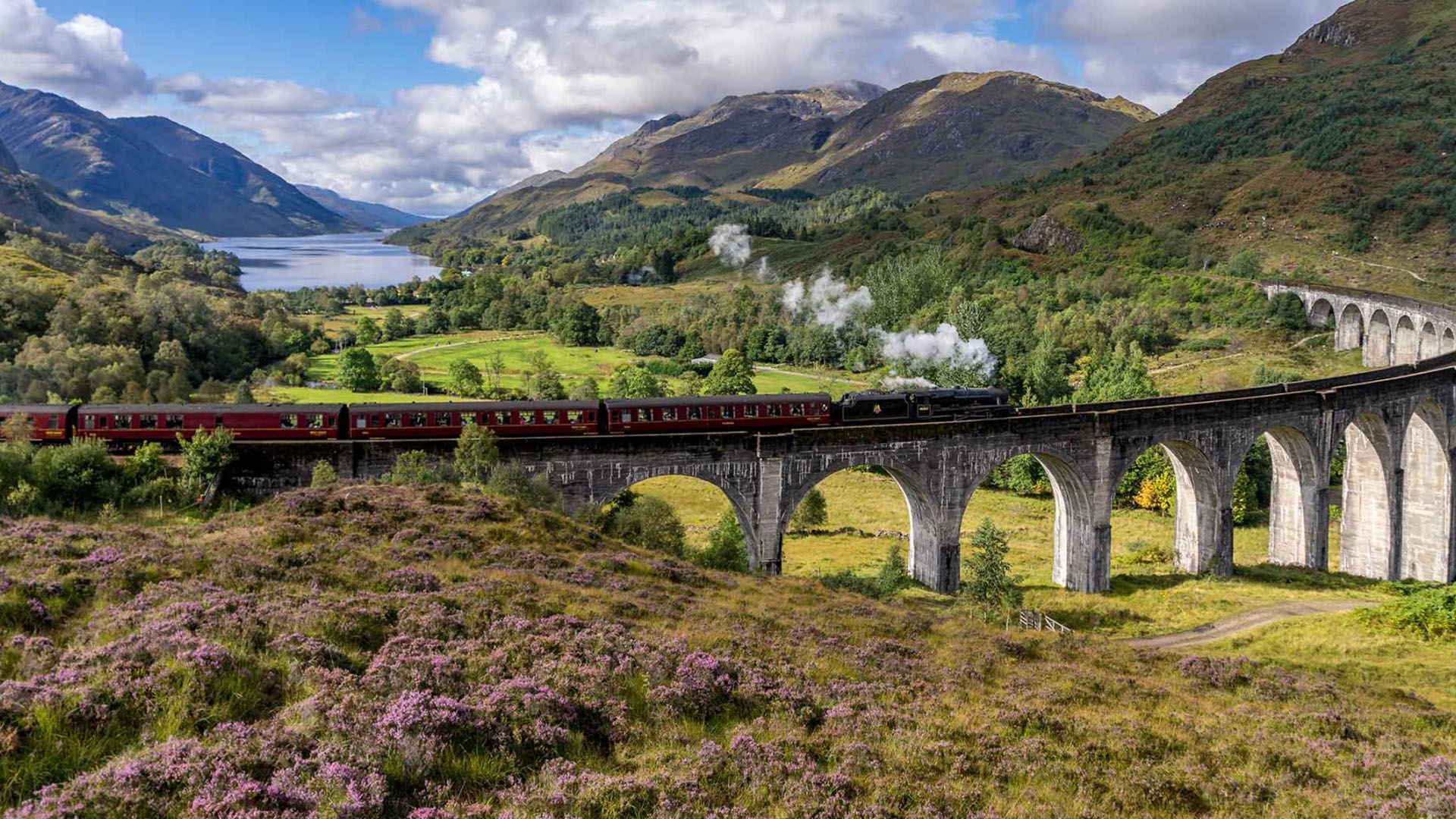 » Country Heritage Tours Steam locomotive pulling red passenger cars crosses a stone arched viaduct over a valley with purple heather in the foreground and a lake in the distance.